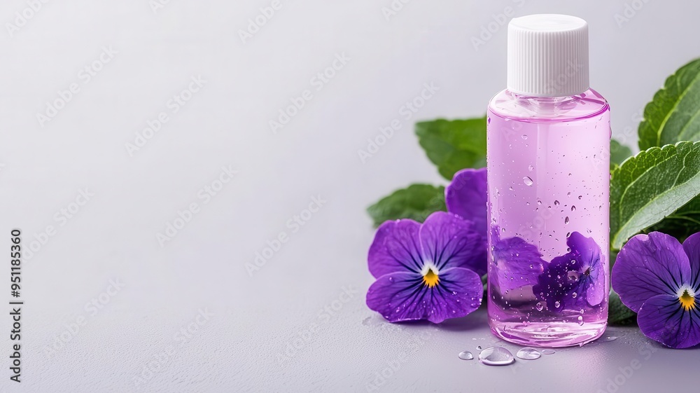 A macro shot of a facial toner bottle with water droplets A macro shot of a facial toner bottle with water droplets