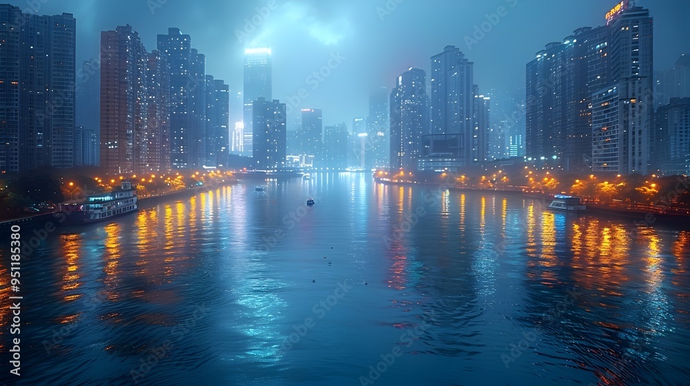 Fototapeta premium Illuminated Vibrant City Skyline Reflecting on Waterway at Nighttime with Bustling Urban Landscape