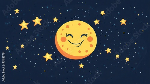 Cute Smiling Moon with Stars in Night Sky Illustration.