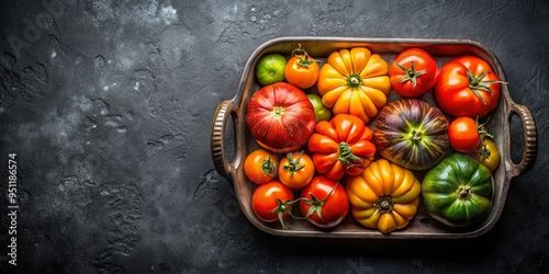 Colorful heirloom tomatoes in a baking dish on a black background, showcasing vibrant colors and unique shapes