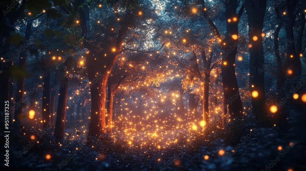 Naklejka premium Enchanted Forest with Glowing Lights at Night - Magical Fantasy Background.