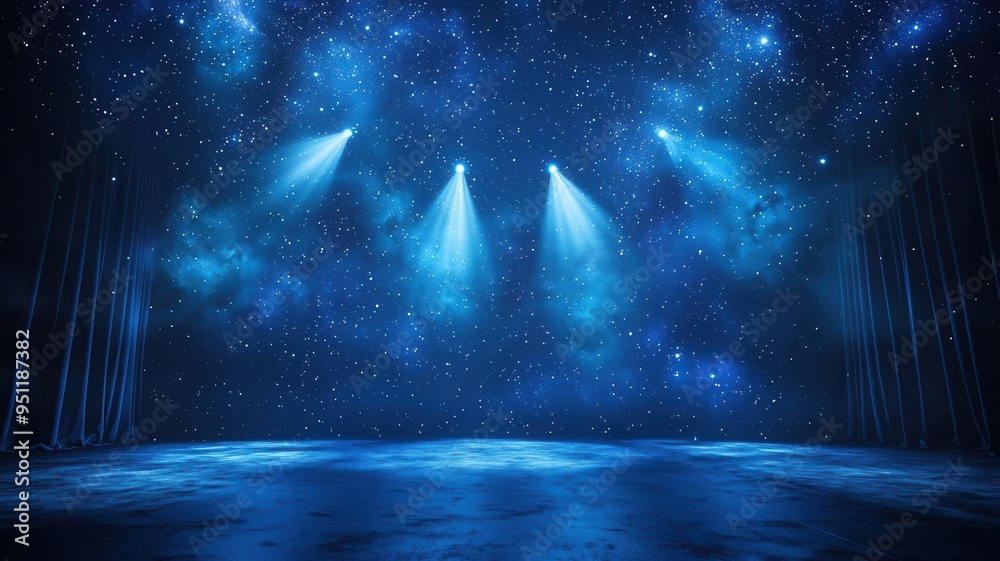 Obraz premium Stage lights in the shape of celestial bodies, starry night backdrop, cool blue tones, serene and mystical mood
