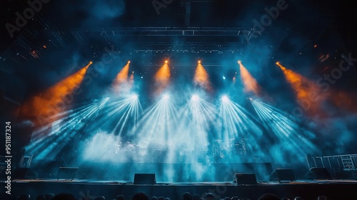 Concert stage with intense spotlights, light flares and smoke effects, high-energy rock concert vibe, vivid contrasts