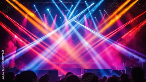 Concert stage with intersecting light beams, vibrant colors, electric atmosphere, high energy