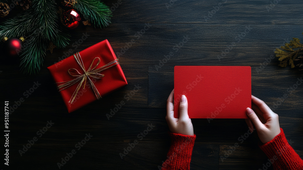 A cozy holiday scene featuring red wrapping, a gift, and a hand holding a red card. Perfect for capturing the festive spirit and anticipation of gift-giving moments. A cozy holiday scene featuring red wrapping, a gift, and a hand holding a red card. Perfect for capturing the festive spirit and anticipation of gift-giving moments.