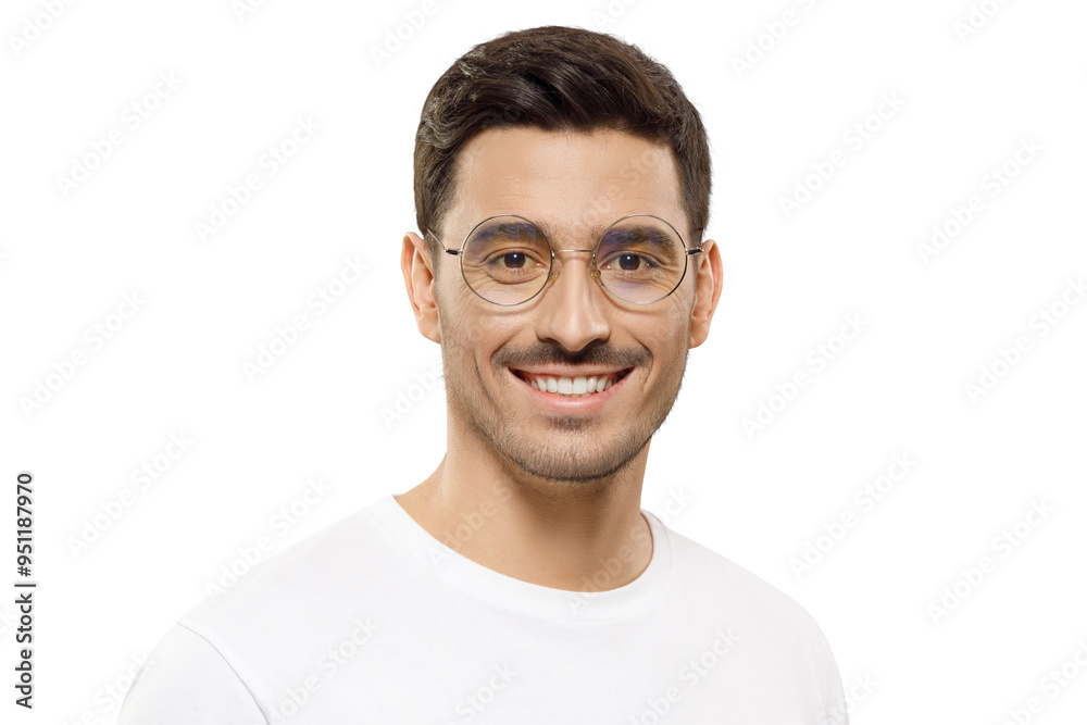 Obraz premium Headshot portrait of young handsome man wearing white t-shirt and round glasses, feeling confident and smiling happily