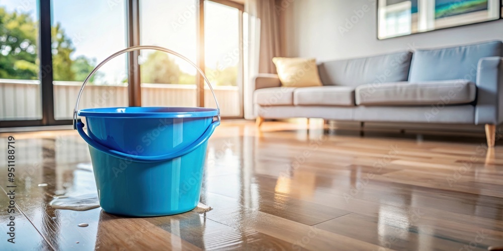 Water dripping from ceiling into plastic bucket on floor in living room ...