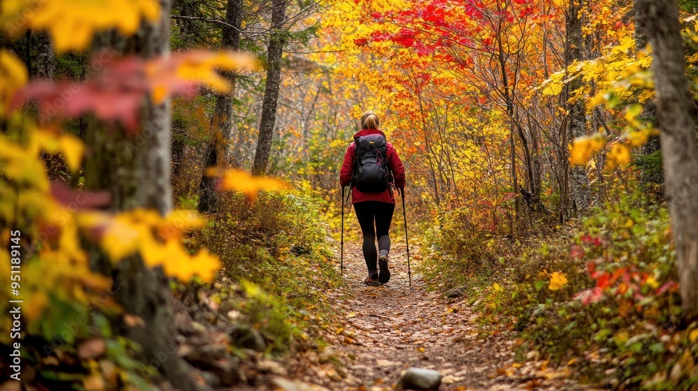 Autumn Hiker Exploring Vibrant Fall Foliage in the Forest Autumn Hiker Exploring Vibrant Fall Foliage in the Forest