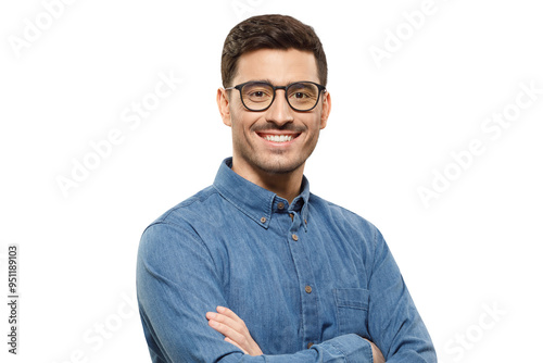 Canvastavla Young handsome businessman wearing blue shirt and glasses, holding arms crossed,