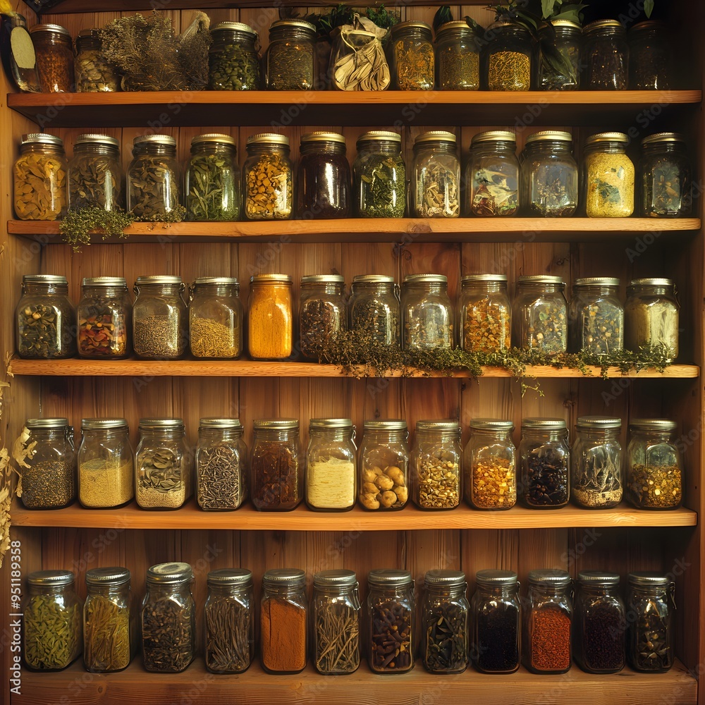 Shelves lined with jars of strange herbs and exotic spices 16:9