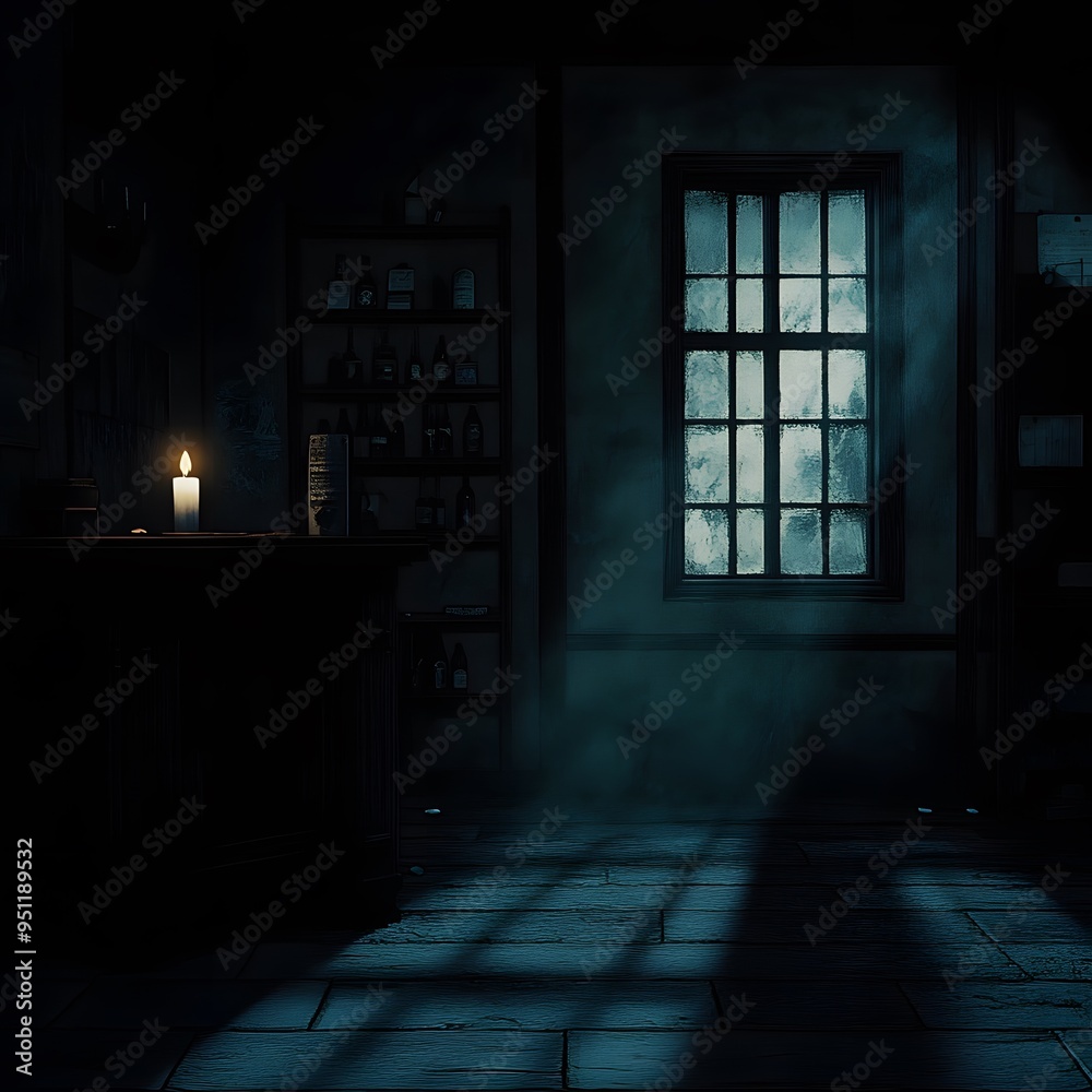 Dimly lit shop with a single candle casting eerie shadows on the walls 16:9 Dimly lit shop with a single candle casting eerie shadows on the walls 16:9