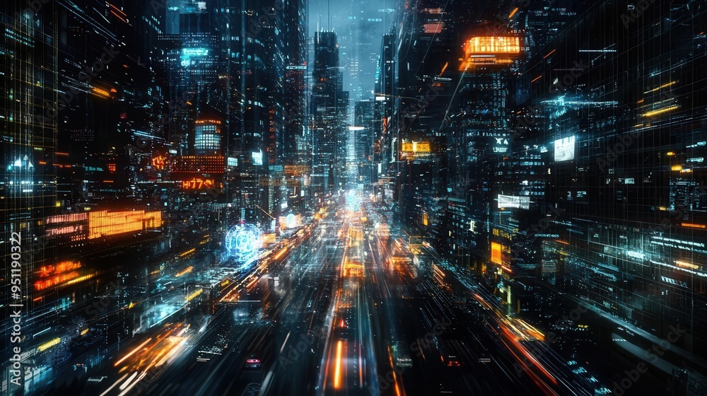 Naklejka premium Digital twin of a smart city, data layers overlaying city streets, real-time monitoring, futuristic design, cool lighting, innovative atmosphere
