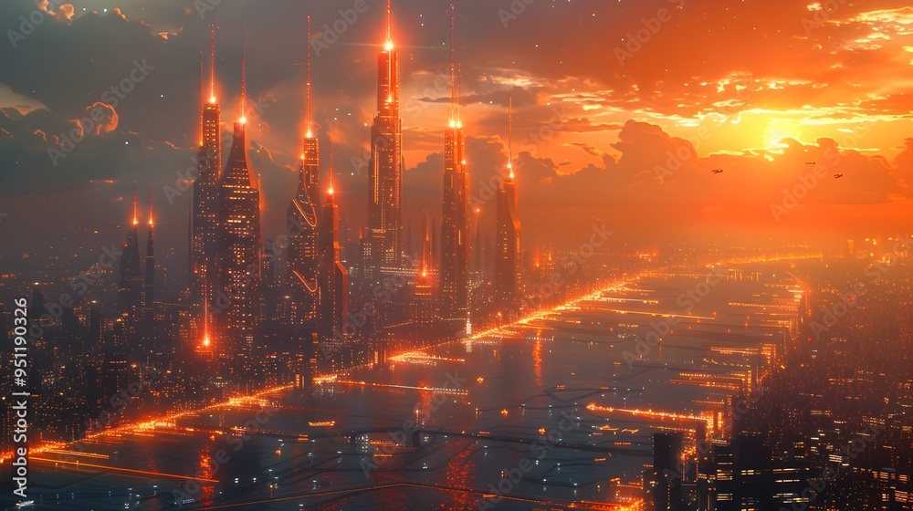 Fototapeta premium Captivating Futuristic Cityscape Skyline at Night with Illuminated Modern Skyscrapers and Neon Glow