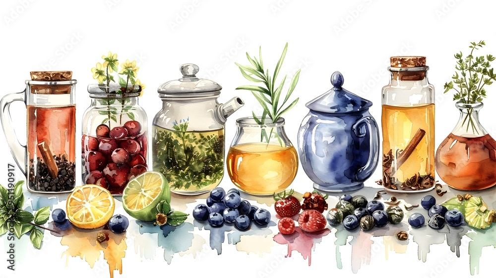Watercolor of Tea Ingredients on White Background Watercolor of Tea Ingredients on White Background