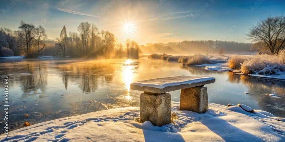 Φωτογραφία Stone altar near frozen river on a cold sunny winter morning, stone, altar, froz