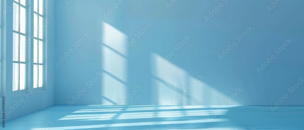 Fototapeta premium Light blue room with sunlight streaming through window onto wooden floor
