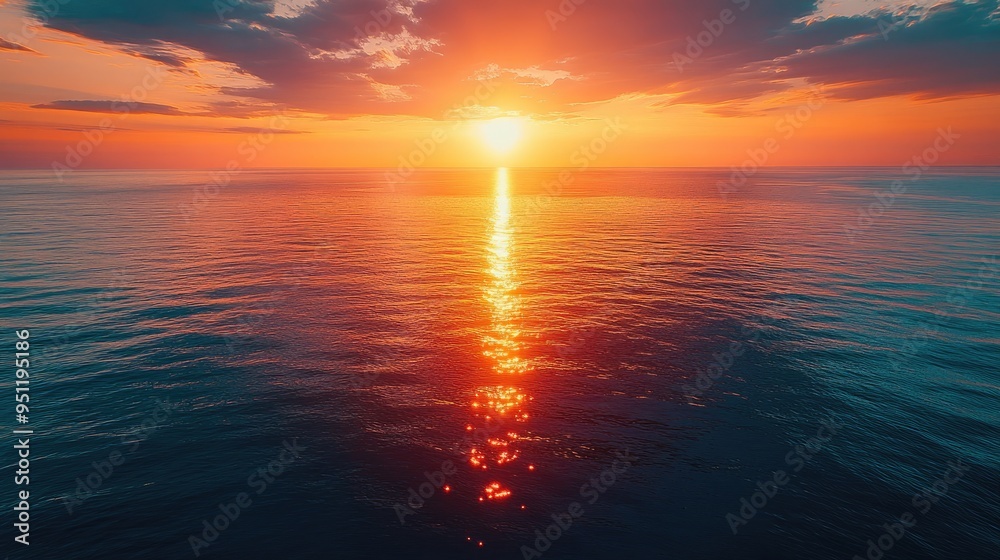 Obraz premium A high altitude shot of an ocean at sunset, with the sky reflecting warm colors on the waters surface and creating a tranquil, scenic view.