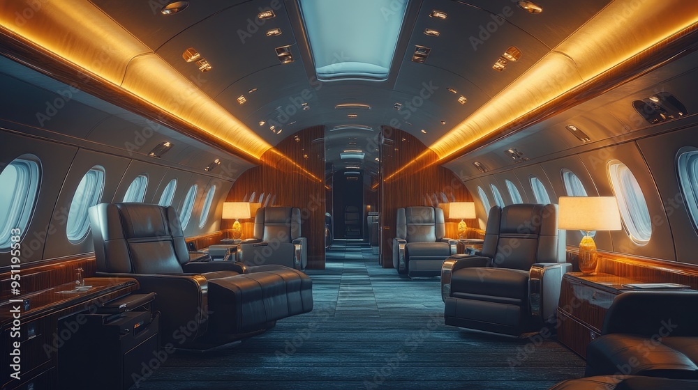 A high end airplane cabin with sophisticated features and elegant furnishings, ideal for luxury travel promotions. Spacious scene with room for text. A high end airplane cabin with sophisticated features and elegant furnishings, ideal for luxury travel promotions. Spacious scene with room for text.