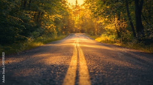 Scenic road through a golden sunset, warm tones, soft lighting, calm atmosphere, end of day tranquility