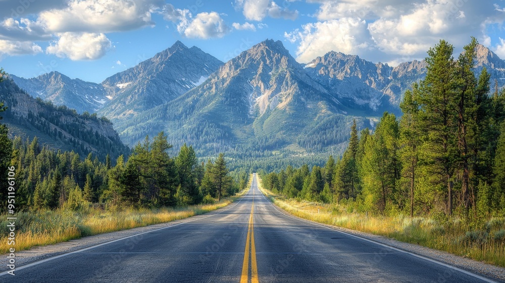 Scenic road with a dramatic mountain backdrop,wide angle view, rich colors, breathtaking vista Scenic road with a dramatic mountain backdrop,wide angle view, rich colors, breathtaking vista