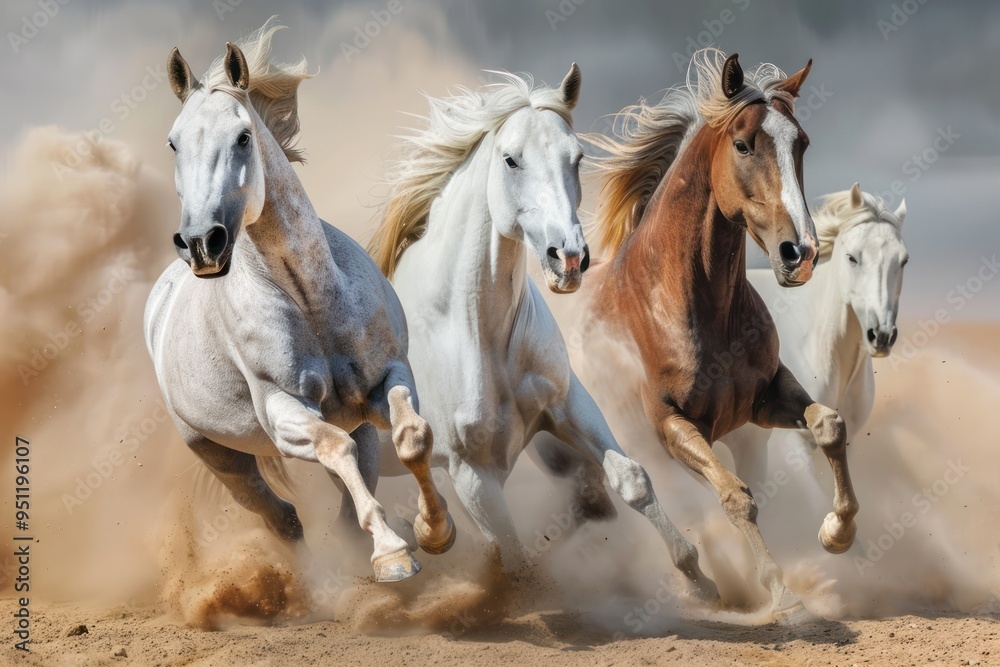 Obraz premium Four Horses Running Through Dust