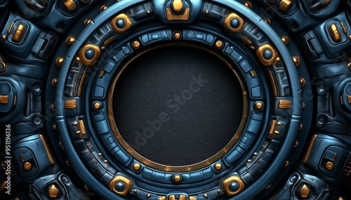 Circular Blue and Gold Abstract Design with a Black Center