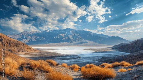 A high resolution view of Death Valley in California, with its dramatic salt flats and towering mountains creating a stark, beautiful scene.