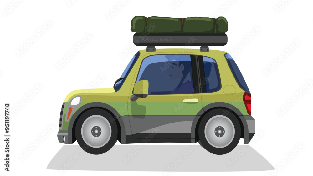 Cartoon vector or illustration of traveller car red mix green color. top of car with rack and green bag. With driving man inside car. Isolated white background. Cartoon vector or illustration of traveller car red mix green color. top of car with rack and green bag. With driving man inside car. Isolated white background.