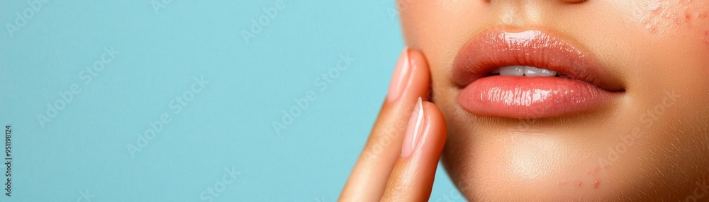 Teenage girl with acne on her jawline, gently touching her face in concern Teenage girl with acne on her jawline, gently touching her face in concern
