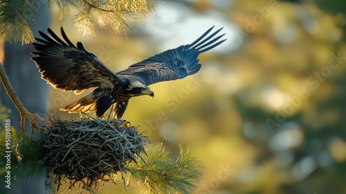 A juvenile eagle learning to fly from a nest in a tall tree, highlighting themes of growth and development with ample copy space. photo