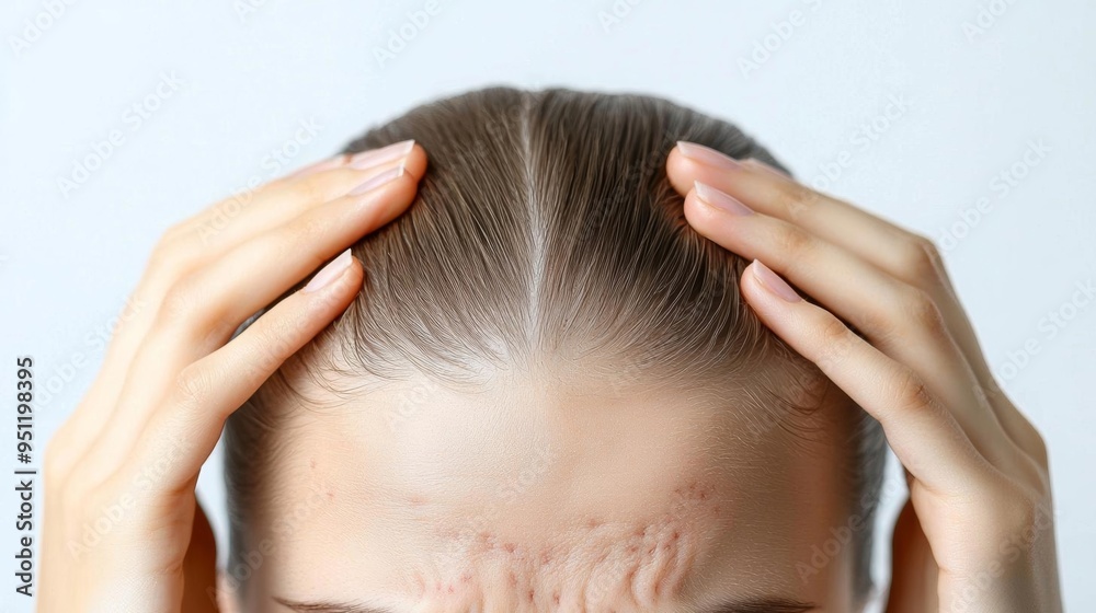 Teenage girl with acne on her forehead, holding her hair back to show her skin Teenage girl with acne on her forehead, holding her hair back to show her skin