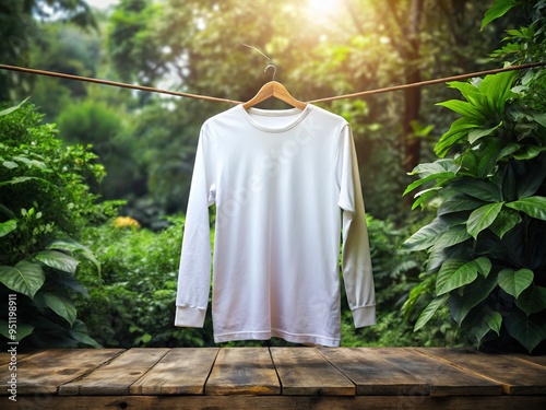 A blank white long-sleeved t-shirt hangs on a rustic wooden clothesline, surrounded by lush greenery, awaiting custom graphic design or logo placement. photo