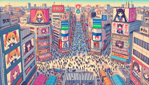 The concept of the image of Akihabara, the sacred place of Japanese animation. Vector illustration.