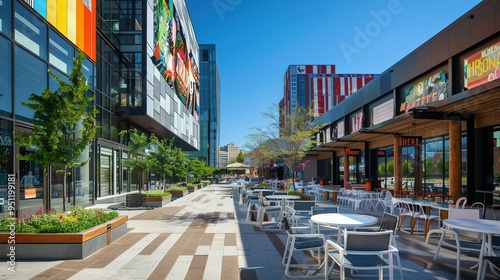 Urban Street with Stylish Outdoor Seating Lines, Modern Buildings, and Vibrant Public Art Installations Under a Clear Blue Sky