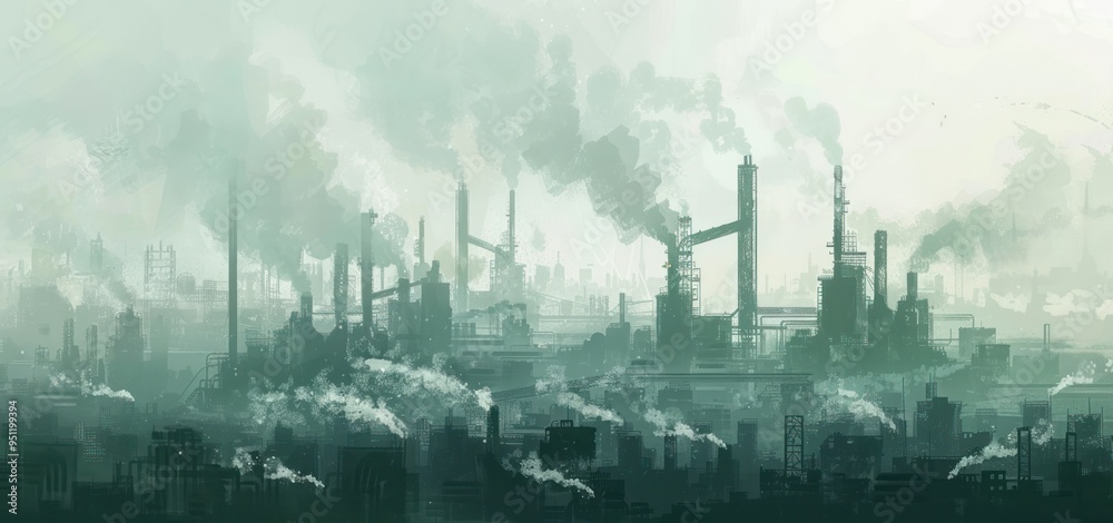 Obraz premium Industrial Cityscape with Smoke and Fog
