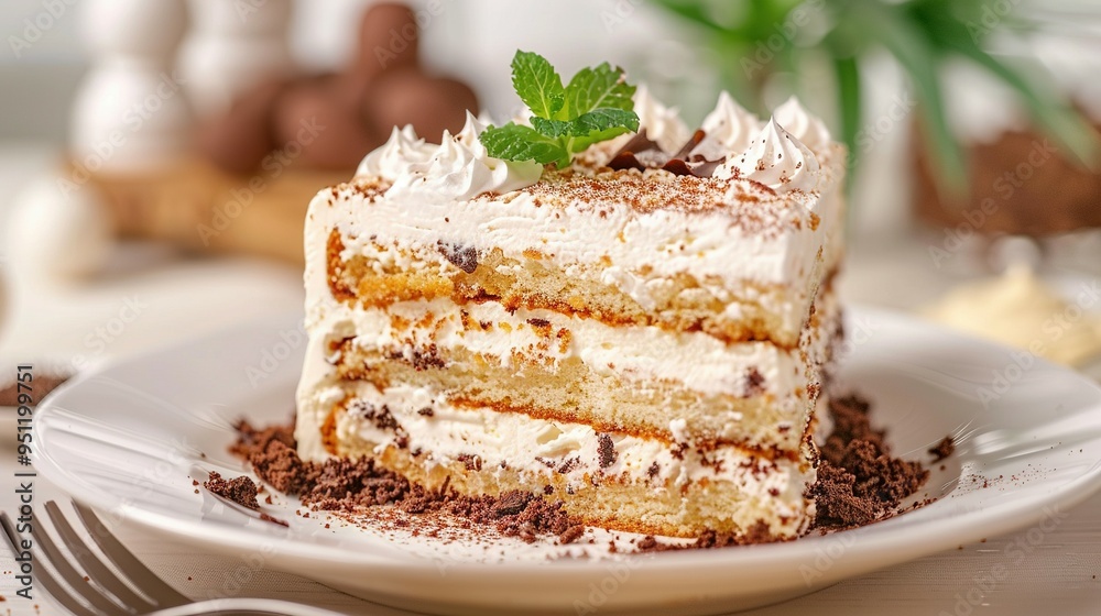 Delicious Slice of Cake Topped with Whipped Cream and Mint Leaves on a White Plate Delicious Slice of Cake Topped with Whipped Cream and Mint Leaves on a White Plate