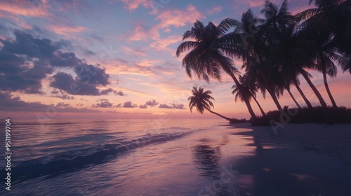 Evening beach with palm trees silhouetted against a colorful sunset sky, reflecting a relaxing and picturesque summer evening. Captured with a Nikon Z6 II for vivid details.