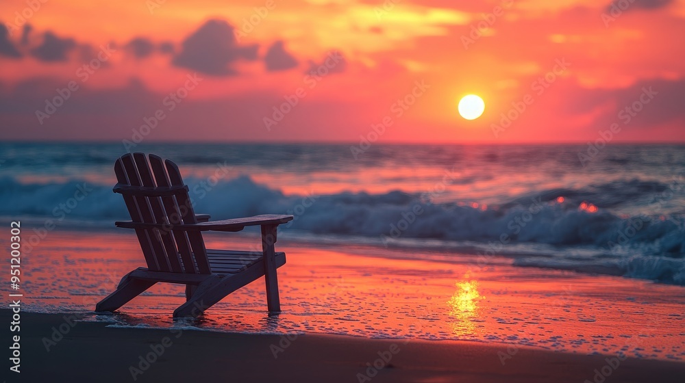 A lone beach chair facing the ocean at sunset, the perfect spot for relaxation as the day comes to an end. A lone beach chair facing the ocean at sunset, the perfect spot for relaxation as the day comes to an end.