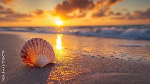 A lone seashell on the beach, with the setting sun casting a golden glow over the sand and ocean.