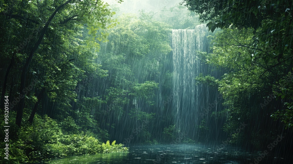 A lush green forest with rain falling gently through the trees, creating a serene and tranquil natural setting with ample space for text. A lush green forest with rain falling gently through the trees, creating a serene and tranquil natural setting with ample space for text.