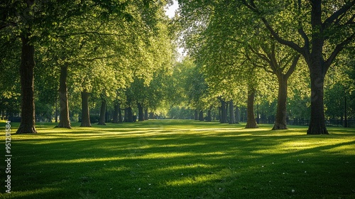 A lush green park with towering trees in full bloom, casting dappled shadows on the ground, providing a tranquil spring scene with space for copy.