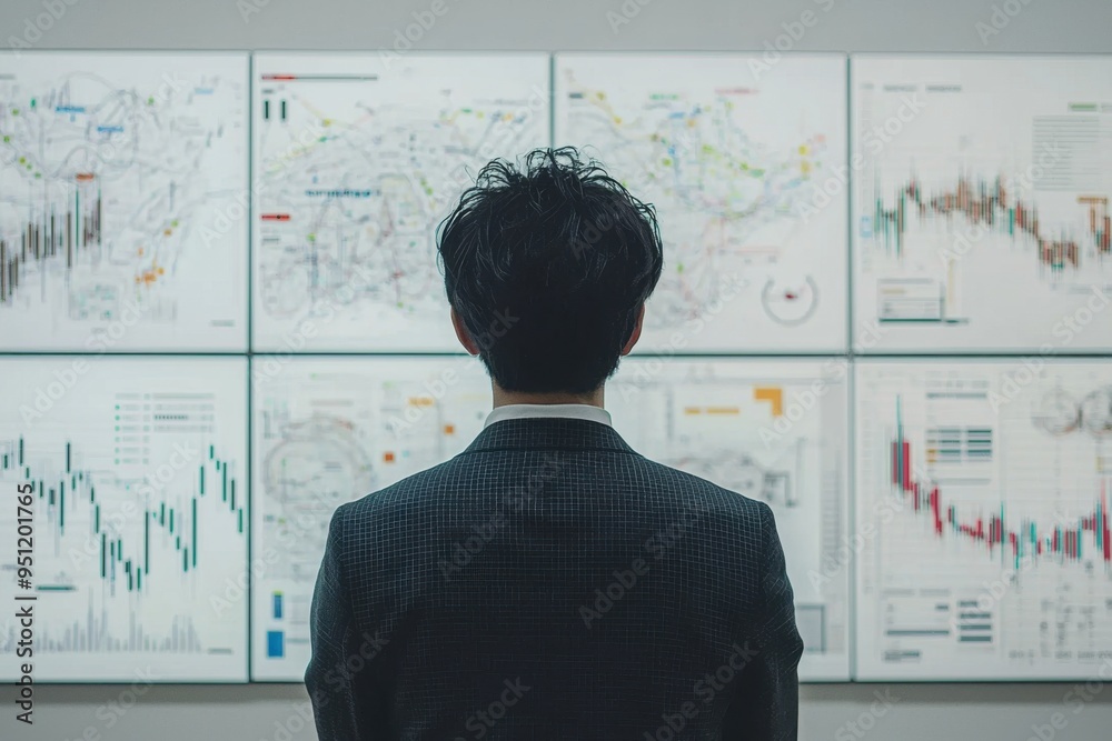 Businessman Analyzing Data on Multiple Screens. Businessman Analyzing Data on Multiple Screens.