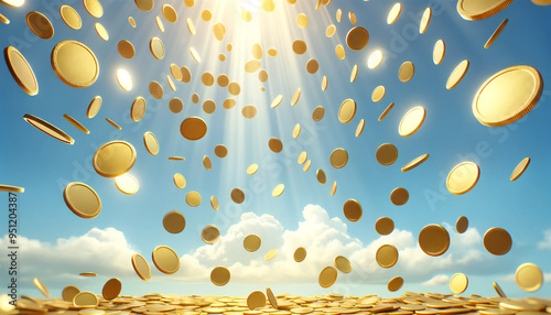 空から降ってくる金色のコイン. Golden Coins Falling from the Sky. AI generated.
