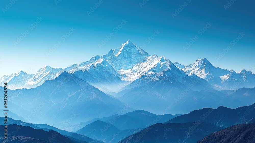 A majestic view of snow capped mountain peaks under a clear blue sky, capturing the grandeur of the landscape with ample copy space. A majestic view of snow capped mountain peaks under a clear blue sky, capturing the grandeur of the landscape with ample copy space.