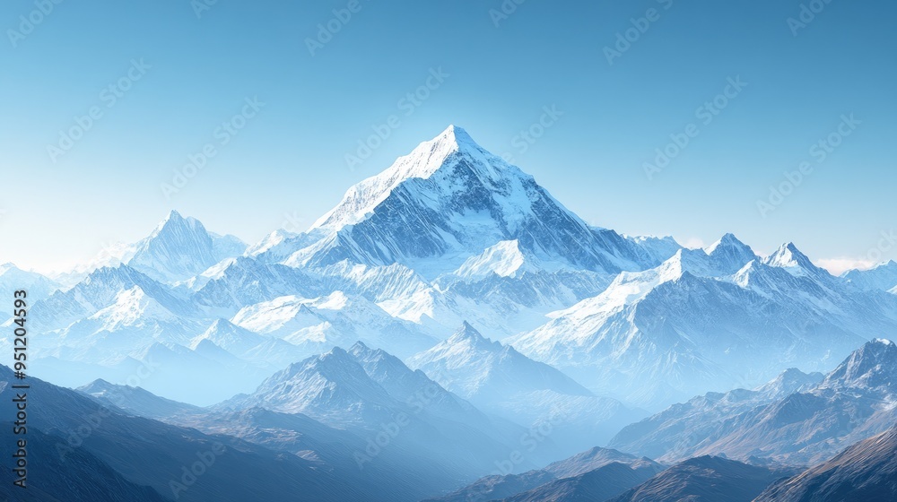 Obraz premium A majestic view of snow capped mountain peaks under a clear blue sky, capturing the grandeur of the landscape with ample copy space.