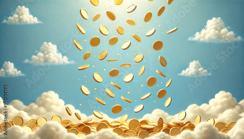 空から降ってくる金色のコイン. Golden Coins Falling from the Sky. AI generated.
