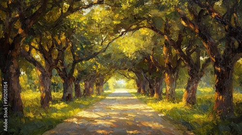 Serene road under a canopy of oak trees, oil painting style, rich earth tones, textured brushstrokes, pastoral beauty