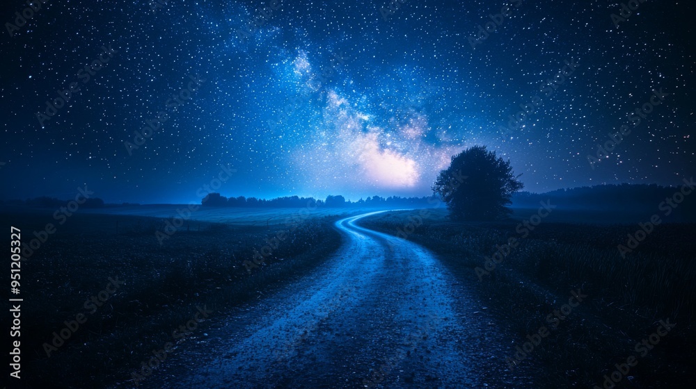 Naklejka premium Serene road under a canopy of stars, night photography, long exposure, deep blues, mystical journey