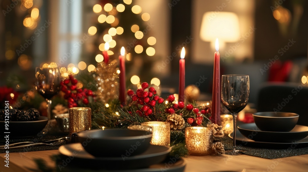 Cozy Christmas Table Setting with Festive Decor and Candlelight Cozy Christmas Table Setting with Festive Decor and Candlelight