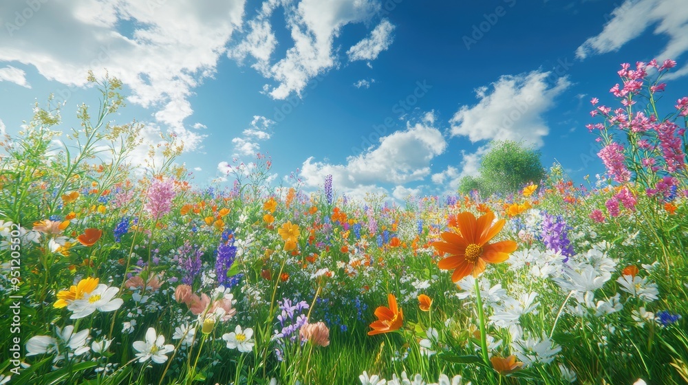 A meadow filled with wildflowers under a bright blue sky, with the flowers in various colors creating a beautiful scene. A meadow filled with wildflowers under a bright blue sky, with the flowers in various colors creating a beautiful scene.